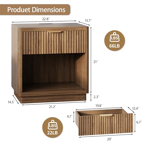 Fluted Nightstand with Charging Station, 22.8Inch Wide Bedside Table End Table with Drawer, Curved Corners, Modern Bedside Table for Bedroom, Living Room, Sofa, Walnut - color: Rectangle - Walnut
