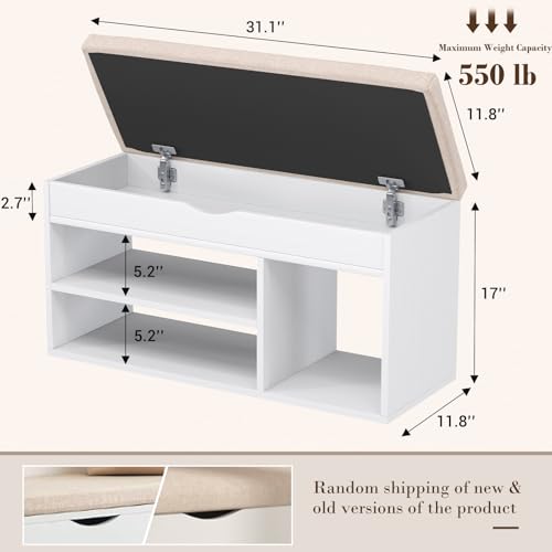 Apicizon 31 Inches Storage Bench with Padded Cushion, Shoe Bench with Storage Space, Upholstered Entryway Bench for Living Room, 2-Tier Shoe Rack Organizer, White - color: A-white, size: 31 Inch