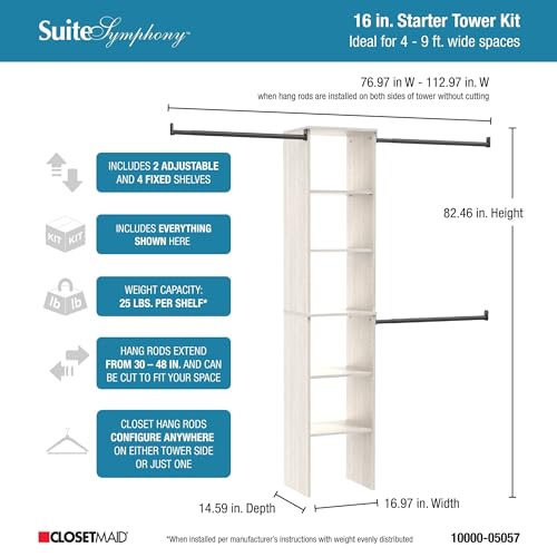 ClosetMaid SuiteSymphony Wood Closet Organizer Kit with Tower, (3) Hang Rods, (5) Shelves (2-Adjustable), Fits Spaces 4-9 ft. Wide, White Timber