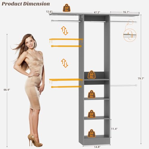 Besiost 48" Closet Organizer System, 4FT Closet System for Small Closets with 4 Hanging Rods & 3 Shelves, 80"H Small Closet Organizers and Storage for Bedrooms, Cloakrooms, Gray - color: Grey