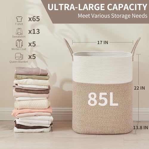 AINUOQI Laundry Basket with Handles - Blanket Basket & Hampers for Bedroom Aesthetic, Laundry Hamper & Blanket Storage for Living Room, Clothes Hamper, Tall, Large 17" x 14" x 26”, White & Rice Brown - color: White & Rice Brown, size: 85L