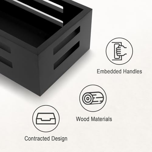 Black Bathroom Basket Wooden Toilet Tank Paper Basket with Handles-Black Decor Box-Home&Bathroom Storage Organizer