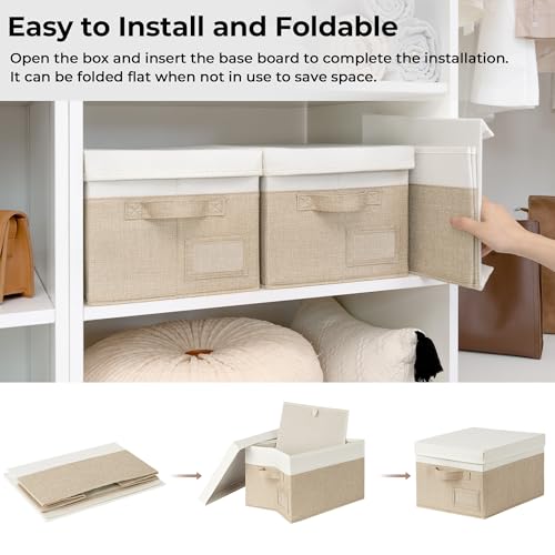 GRANNY SAYS Storage Basket with Lid, Linen Fabric Storage Bins with Label, Decorative Storage Boxes, Clothes Storage and Organization, Memory Keepsake Box, 3-Pack, Medium, Khaki&Ivory - color: White&Khaki, size: Medium