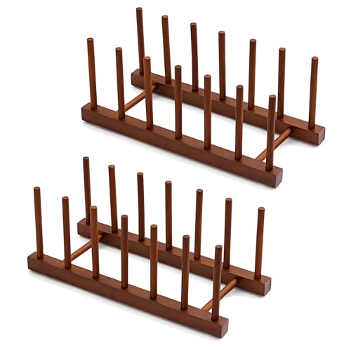 HBlife 2pcs 6 Slots Teak Dish Plate Bowl Cup Book Pot Lid Cutting Board Drying Rack Stand Drainer Storage Holder Organizer Kitchen Cabinet（Keep Dry） - color: Teak 6 Slots 2pcs
