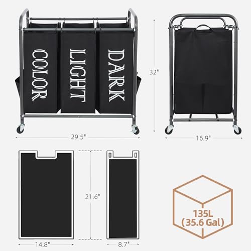 STORAGE MANIAC 3 Section Laundry Sorter, 35.9 Gal (136 L) Laundry Hamper Cart with Heavy Duty Rolling Lockable Wheel and Removable Bag, Clothes Organizer Basket Clothes Separator Hamper, Label Black - color: Lable Black, size: 3 Section