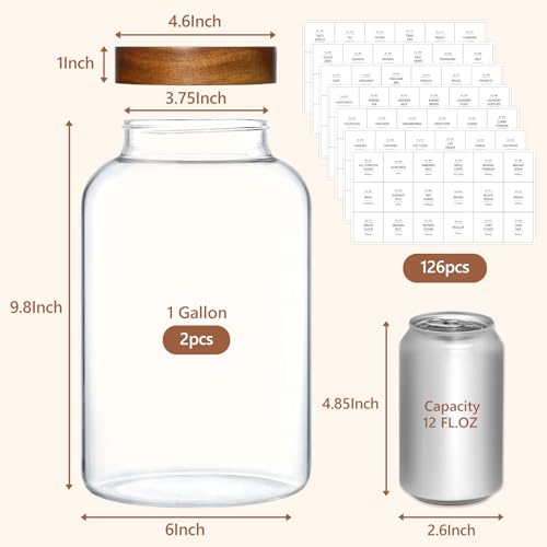KEYWING 1 Gallon Large Glass Jars With Airtight Lid, 2Pcs Glass Food Storage Containers With Lids, Flour Rice Contianers for Pantry Kitchen Organization Egg Cookie Sugar Cereal (128 oz /3800ml) - size: 1 Gallon/ 128 Fl.oz