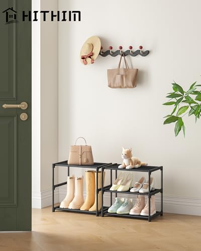 HITHIM 3 Tiers Small Shoe Rack,Narrow Stackable Shoe Shelf Organizer,Sturdy Shoe Stand, Non-Woven Fabric Metal Shoe Racks for Entryway, Doorway and Bedroom Closet - size: 3-Tier