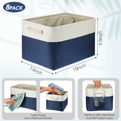 meekoo 8 Pack Collapsible Storage Bins Fabric Storage Bins Polyester Fabric Baskets with Handles Linen Closet Organizer for Shelf Home Closet Towels Toys(15 x 11 x 9.5 in,Blue White) - color: Blue White, size: 15 x 11 x 9.5 In
