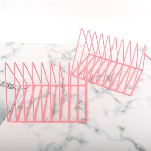 EASEPRES Vinyl Record Holder Storage, 9 Slot Metal Magazine Book Album Display Rack, Stylish Triangle Desktop File Sorter Organizer for Home Office, Pink Pack of 2 - color: 2 Pack Pink