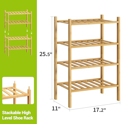 BMOSU 4-Tier Bamboo Small Shoe Rack Premium Stackable Shoe Shelf Storage Organizer for Hallway Closet Living Room Entryway Organizer (Natural Bamboo) - color: Natural Bamboo, size: Small-4-Tier（17*11*25.2inches）