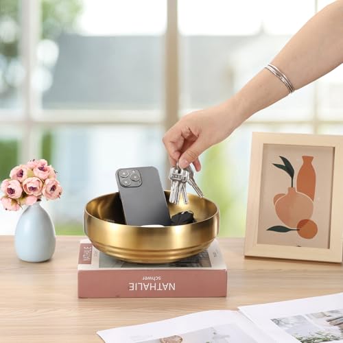 8.3" Golden Key Bowl for Entryway Decorative Key Holder Round Fruit Dish Stainless Steel Catch All Bowl for Coffee Table Kitchen Counter Home Decor - color: Gold, size: 8.3 Inches