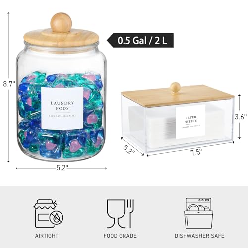 Glass Jars and Dryer Sheet Holder with Bamboo Lids, Dispenser Set and Labels, Containers for Laundry Room Organization and Storage, Half Gallon Airtight jars, Acrylic Storage Box for Laundry supplies - color: Bamboo