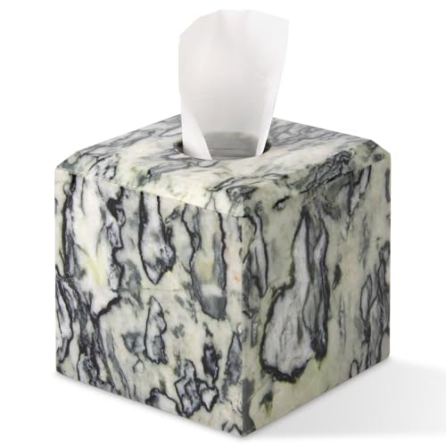 Natural Marble Square Tissue Box Cover ,Stone Modern Decorative Sturdy Napkin Box Holder Case,Facial Paper Organizer for Bathroom Vanity Toilet Countertop,Kitchen (1, Green Emerald, 5.71*5.71*5.51) - color: Green Emerald