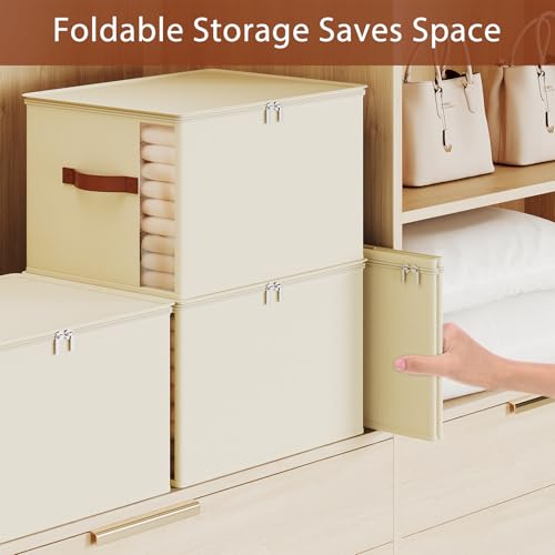 Clothes Storage Bins with Sturdy Frames, Foldable Fabric Clothing Organizer Box for Moving, Sweater Storage Cube with Lids and Zipper, Linen Closet Storage Bags for Blankets, Clothes, Sheet - color: White, size: Medium x 3 Packs