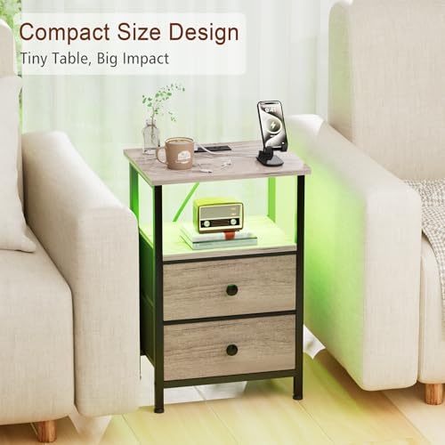 LOAKEKEL Night Stand with Charging Station and LED, Bedside Table with USB Ports & Outlets, 2-Tier Fabric Storage Drawers with PU Trim, Compact End Table for Bedroom, Grey, HETS02GY-1 - color: Grey, style: Two-drawer