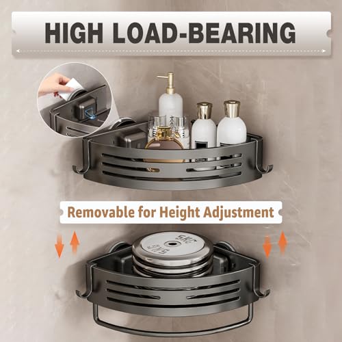 Conworld Corner Shower Caddy with Suction Cups, Shower Suction Shelf With Towel Bar, Wall Bathroom Shower Organizer Corner with Hooks, No-Drilling Removable (Aluminum, 2-Pack, Gunmetal Gray) - style: Gunmetal Gray-（With towel bar）