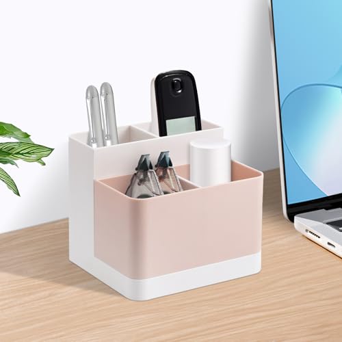 Poeland Desktop Storage Organizer Pencil Card Holder Box, Holders for Desk Accessories, Container for Desk, Office Supplies, Vanity Table - color: White+Pink