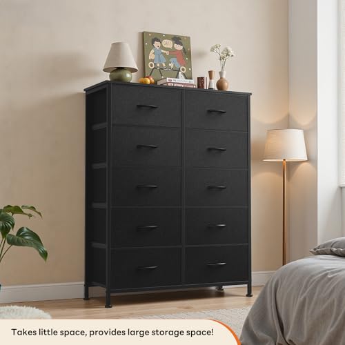 Sweetcrispy Black Dresser for Bedroom, 10 Drawer Tall Dresser, Fabric Storage Tower with Bins, Chest Organizer Unit for Bedroom Closet, Hallway, Steel Frame Wood Top, Easy Pull Handle - color: Black