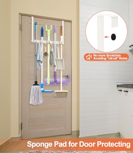 Broom Holder Over The Door Drilling Free Mop and Broom Holder with 4 Over Door Hook, Metal Mop and broom hanger Wall Mount Broom Storage Tool Organizer for Laundry Room Garage Bathroom - white - color: white
