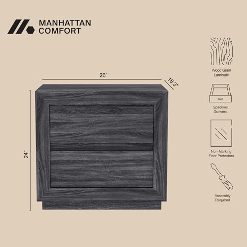 Manhattan Comfort Soren 26" Contemporary Nightstand with 2 Drawers, Modern Wood Design Bedside Table, Handle-Less Storage Drawers, Compact & Functional, Charcoal Gray - color: Charcoal Gray