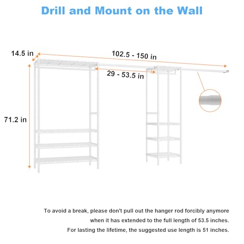 Ulif E11 Heavy-Duty Garment Rack, Metal Freestanding Clothes Rack and Closet Storage Organizer with 8 Shelves and 4 Hanger Rods, (73.2-97.6)" W x 14.5" D x 71.2" H, Load 1034 LBS, White - color: White
