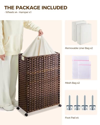 Greenstell Laundry Hamper with Wheels & Handles, 26.4 Gallon (100L) Slim Laundry Basket with 2 Removable Liner Bags & 2 Mesh Bags, Foldable Narrow Clothes Hamper for Bedroom, Bathroom, Closet, Brown - color: Brown, size: 100L (21.7 x 9.8 x 30.7 inches)