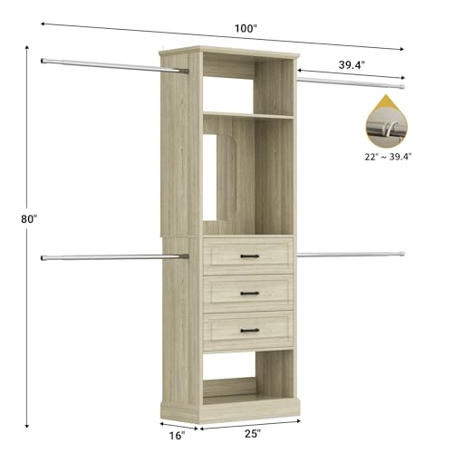 Unikito Closet System, 4FT - 9FT Closet Organizer with Mirror, Luxury Walk in Closet Insert with Drawers and 4 Hanging Rods, Sturdy Wood Wardrobe Closet Garment Rack with 25” Tower, White Oak - color: White Oak