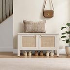 SICOTAS Rattan Shoe Rack Bench with Lift Top Storage: White Farmhouse Boho Shoe Cabinet Entryway Bench with Safety Hinges, Wooden Storage Chest for Bedroom, Entryway, Hallway, Living Room - color: White Cream Oak