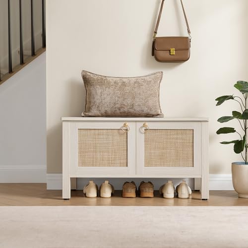 SICOTAS Rattan Shoe Rack Bench with Lift Top Storage: White Farmhouse Boho Shoe Cabinet Entryway Bench with Safety Hinges, Wooden Storage Chest for Bedroom, Entryway, Hallway, Living Room - color: White Cream Oak