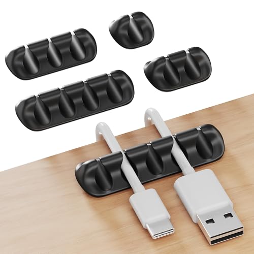 GLUIT Cord Organizer for Desk, Cable Holder for Nightstand, Charger Organizer, Adhesive Desktop Wire Clips, Multislot Cable Management, Table Organizer Accessories - 5 Pack, 15 Slots, Black - color: Black