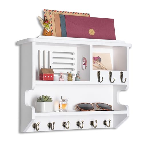 Key Holder for Wall, Mail and Key Holder for Home Decor, Key and Mail Holder for Wall with Key Hooks, White - color: White