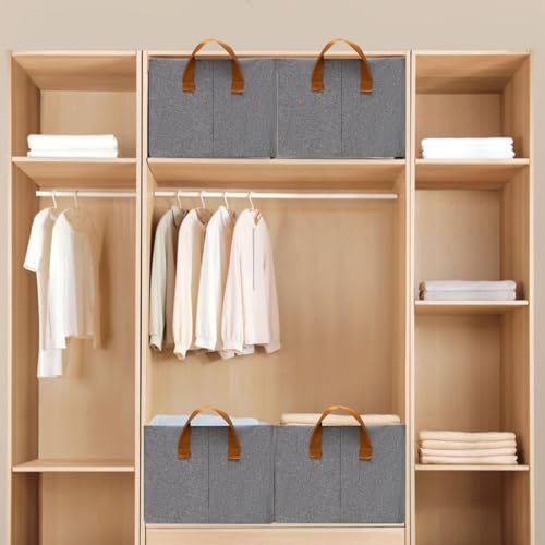 SNWDN 4 Pack Closet Cloth Storage Bins for Shelves,Medium Storage Baskets for Shelves, Fabric Bins for Closet organization with Handles（ Gray 15''L x 10''W x 8''H） - color: Grey, size: Medium（4 pack 15''L x 10''W x 8''H）