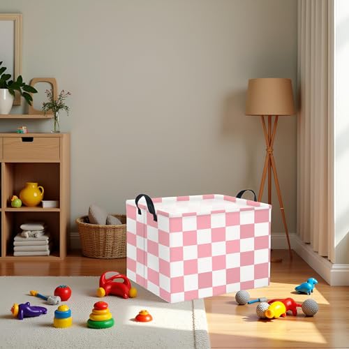 HIYAGON Rectangular Baby Girl Basket Fabric Storage Basket Storage Bin Organizer Box Room Decor(Pink Checkered) - color: Pink Checkered