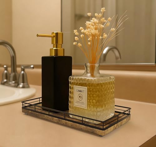 Bathroom Vanity Tray for Countertop, 12" x 6" Wood Toilet Tank Tray with Metal Guardrail, Bathroom Organizer for Soap, Perfume & Skincare, Non-Slip Decorative Tray for Dresser, Black & Rustic Brown - color: Rustic Brown, size: 12" x 6" x 1.5"