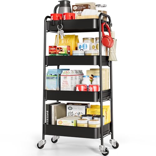 TOOLF 4-Tier Rolling Cart - Metal Storage Organizer with Lockable Wheels, 44 lbs Per Shelf Capacity, Tool-Free Assembly, for Kitchen Bathroom Office Laundry Room Nursery, Black - color: Black, size: 4-Tier