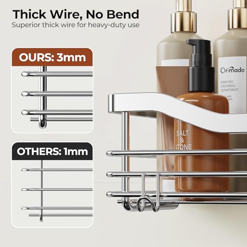 Orimade Shower Caddy Basket Shelf Storage Rack Pack of 2, No Drilling Wall Mounted Adhesive Rust Resistant Stainless Steel Shower Organizer with 5 Hooks for Bathroom, Toilet, Kitchen - color: Silver, size: 4.56"D x 11.02"W x 3.11"H