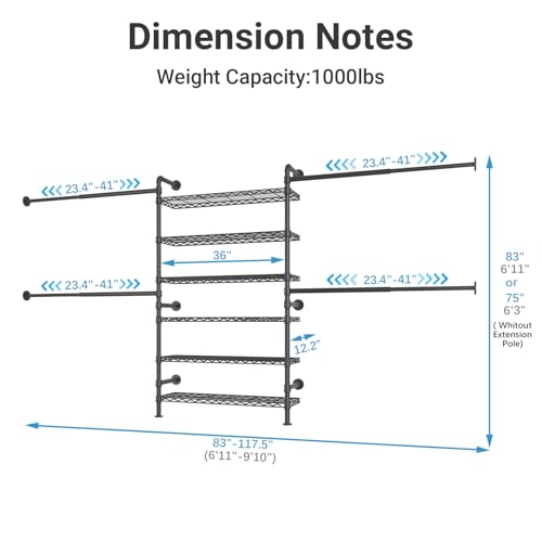 Timate S3X PLUS Closet System, Expandable Wall Mounted Closet with 6 Adjustable Shelves & 4 Expandable Hanger Rods, Industrial Pipe Clothing Rack for Hanging Clothes, Fits Spaces 6'11"- 9'10", Black - color: Black, size: S3X PLUS