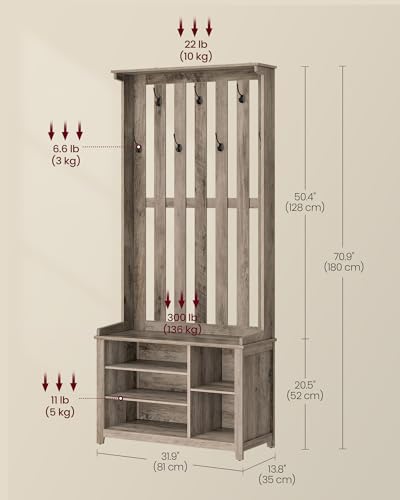 VASAGLE Hall Tree with Bench and Shoe Storage, Coat Rack with Shoe Bench, 7 Double Hooks for Jackets, Hats, Entryway, Bedroom, Living Room, 13.8 x 31.9 x 70.9 Inches, Heather Greige UHSR414G01 - color: Heather Greige
