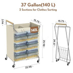 Foldable Metal Laundry Basket with Wheels, 2-Section Rolling Laundry Hamper, 37 Gallons (140L), Removable Liner, Steel Frame with Wooden Handle, Cream White - color: Cream White