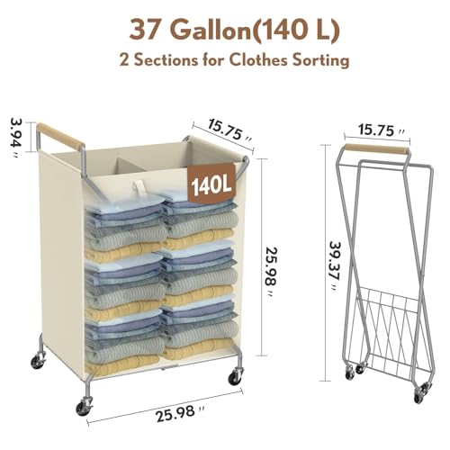 Foldable Metal Laundry Basket with Wheels, 2-Section Rolling Laundry Hamper, 37 Gallons (140L), Removable Liner, Steel Frame with Wooden Handle, Cream White - color: Cream White