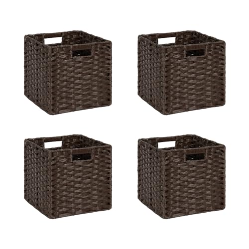 DULLEMELO Wicker Storage Baskets 11x11 Cube Storage Bins for Organizing Plastic Woven Baskets Set of 4 Waterproof Wowen Storage Cube Organizer for Pantry Closet Set of 4 - Deep Coffee - color: Deep Coffee, size: 11"-4 pack