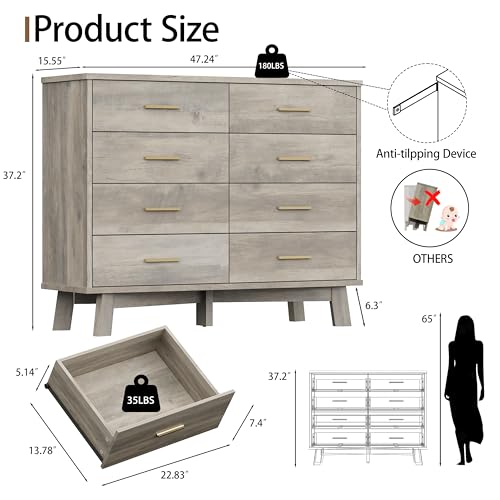 Xixini Dresser for Bedroom, 8 Drawer Wide Modern Chest of Drawers with X-Shaped Sturdy Base, Wood Double Dresser Closet Clothes Storage Organizer, Wooden TV Stand for Living Room, Hallway, Grey - color: Grey, size: 15.6"D x 47.2"W x 37.2"H (8 Drawers)