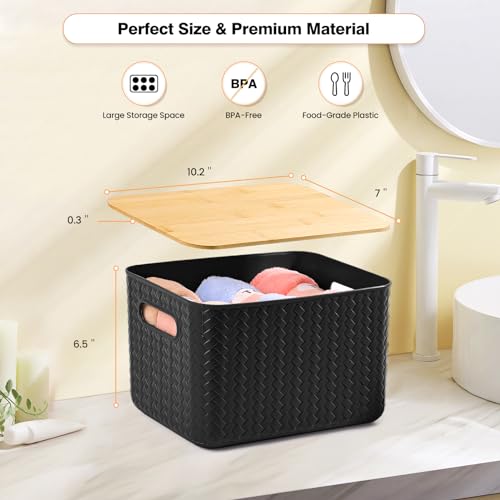 Ohmlove 4 Packs Storage Bins with Bamboo Lids - Plastic Storage Containers with Lids Stackable Storage Box: Storages Baskets for Organizing Desktop Closet Playroom Classroom Office, Black - color: Black