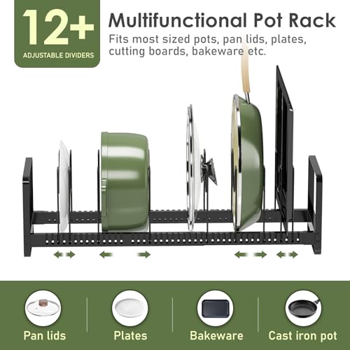 MUDEELA Pot Rack Pan Organizer inside Cabinet - Expandable Pot Lid Organizer for Cabinet with 12 Adjustable Dividers, Cutting Board Organizer Holder Baking Rack Kitchen Cabinet Storage Organization - style: 12 Dividers-Upgrade