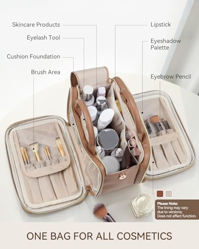 Prite Makeup Bag for Women, Large Capacity Waterproof Travel Cosmetic Organizer, Portable Open Flat Toiletry Bag with Free-standing Brush Holder and Handle(Brown Medium) - color: Brown, size: Medium