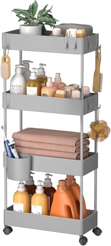 Pipishell Slim Storage Cart with Wheels, 4 Tier Bathroom Storage Organizer Rolling Utility Cart for Bathroom Kitchen Laundry Room Office Narrow Place (Gray) - color: Gray, size: 4-Tier