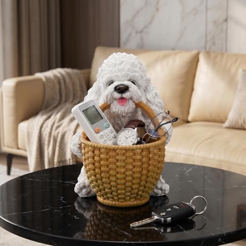 Vanity Jewelry Tray & Ring Holder Dish for Bedroom Dresser Featuring White Poodle Carrying Basket - Dog Figurine Catchall Bowl for Hair Ties & Lipsticks - Elegant French Room Decor - color: Poodle Carrying Basket - White, size: Poodle