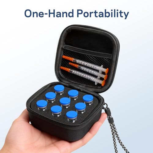 9 Slots Peptide Case, Insulin Vial Protector Fridge Holder Storage Case for Diabetics Standard 10ml U-100 Vials, Insulin Vial Organizer Bag Insulin Carrying Case with Wrist Strap (Black)