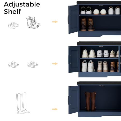 HOMSHO 2-Tier Storage Bench, 47.2" Wide Shoe Bench with Padded Seat Cushion, Entryway Bench with 4 Barn Doors and Adjustable Shelf, Blue - color: Blue, size: 47.2" Wide