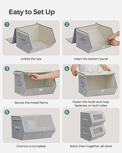 SONGMICS Stackable Storage Bins Set of 2, Storage Boxes with Lids and Front Windows, Non-Woven Fabric Closet Organizers with Magnetic Closures, Side Handles, Dove Gray URLB002W01 - color: Dove Gray